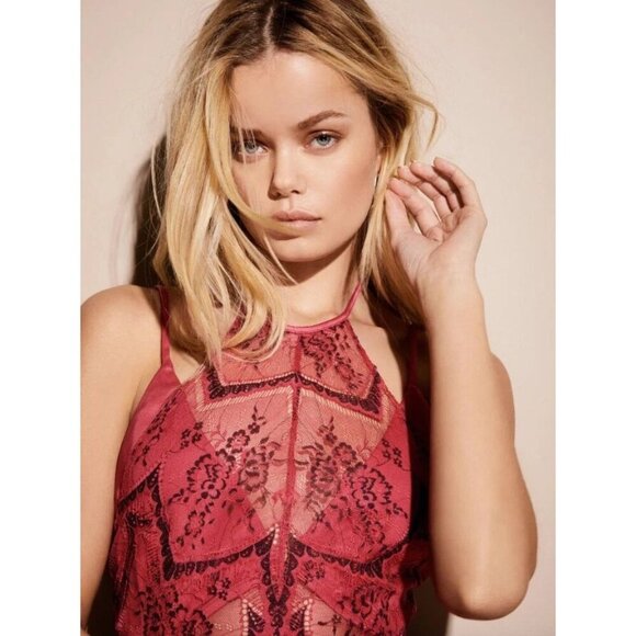 Free People Nothing Like This Hot Pink Lace Overlay Mini Dress Retail $250 - Picture 1 of 16
